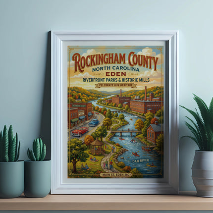 Rockingham County, North Carolina Eden Riverfront illustration with historic mills and Dan River.