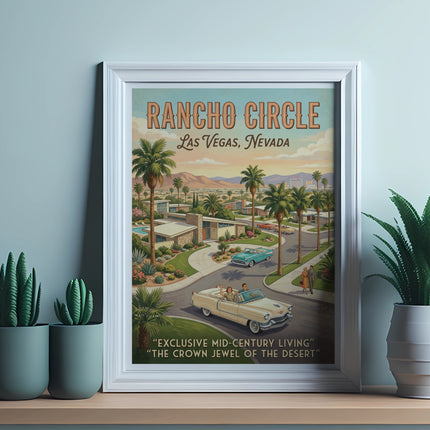 Rancho Circle Las Vegas, Nevada mid-century art with vintage cars and desert homes.