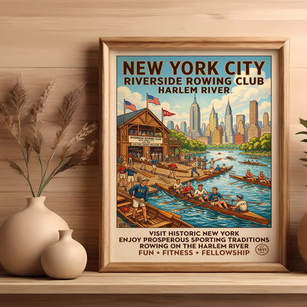 Vintage poster of New York City Riverside Rowing Club on Harlem River.