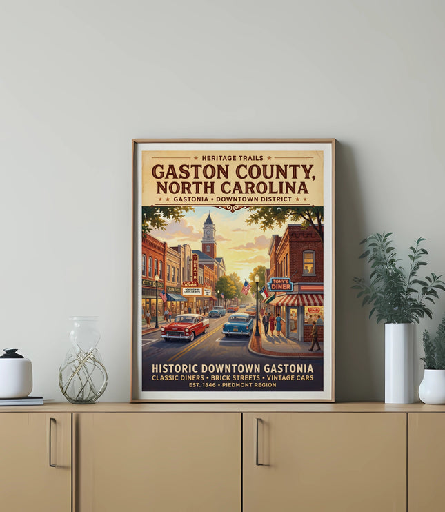 Poster for Historic Downtown Gastonia, North Carolina, featuring vintage cars and diners.