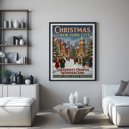 Vintage poster for "Christmas in New York City" with holiday campus traditions.