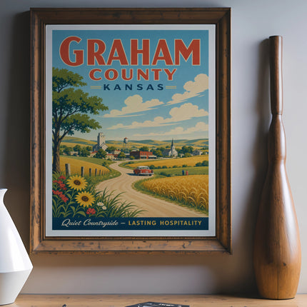 Vintage GRAHAM COUNTY KANSAS travel poster with countryside scene and text.