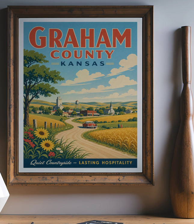 Vintage GRAHAM COUNTY KANSAS travel poster with countryside scene and text.