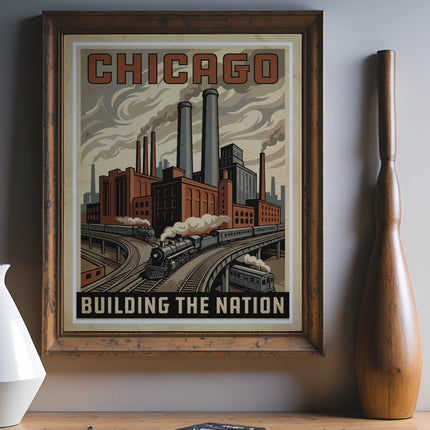 Vintage Chicago poster with factory, train, and "Building the Nation" text.