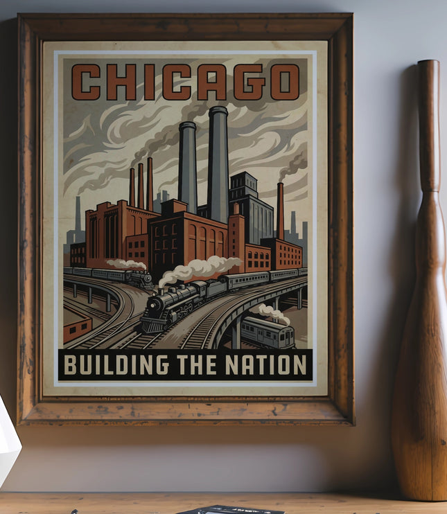Vintage Chicago poster with factory, train, and "Building the Nation" text.
