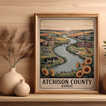 Framed artwork with "Atchison County Kansas" text and a river scene.