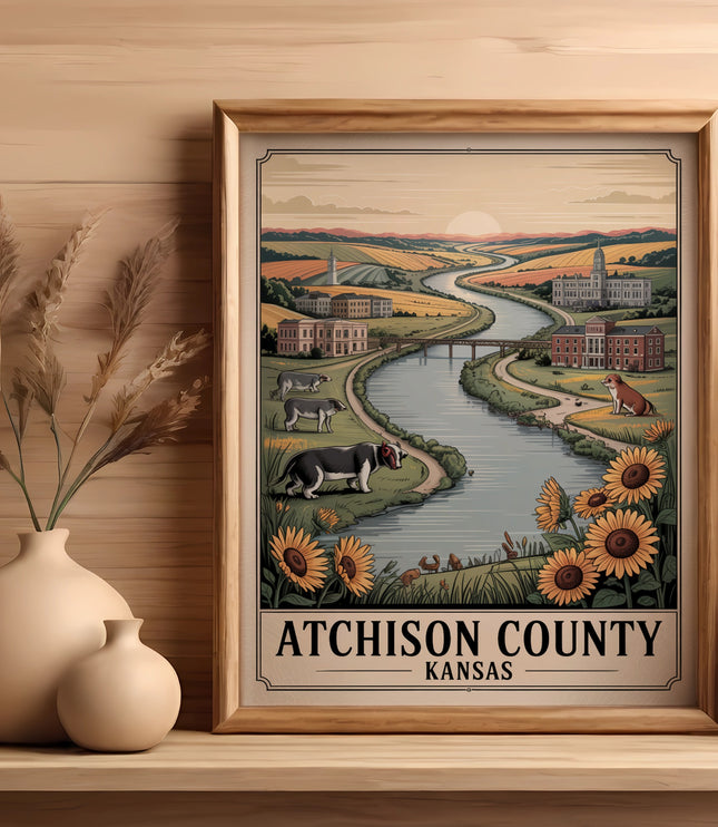 Framed artwork with "Atchison County Kansas" text and a river scene.