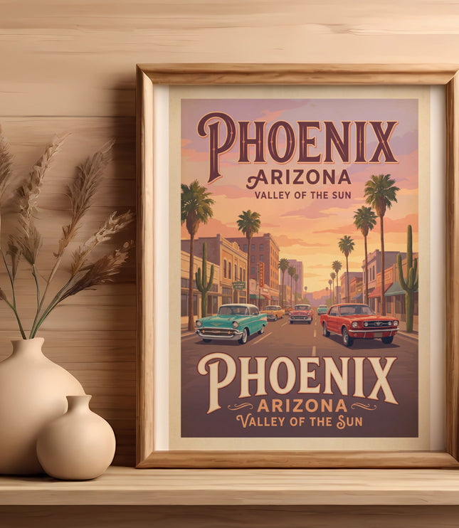 Vintage travel poster of Phoenix, Arizona showing classic cars and palm trees.