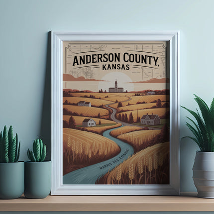 Framed print of Anderson County, Kansas, with text and a scenic landscape.