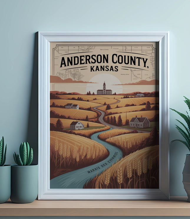 Framed print of Anderson County, Kansas, with text and a scenic landscape.