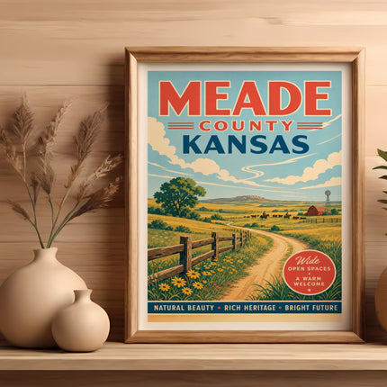 Meade County, Kansas vintage travel poster with farm scene.