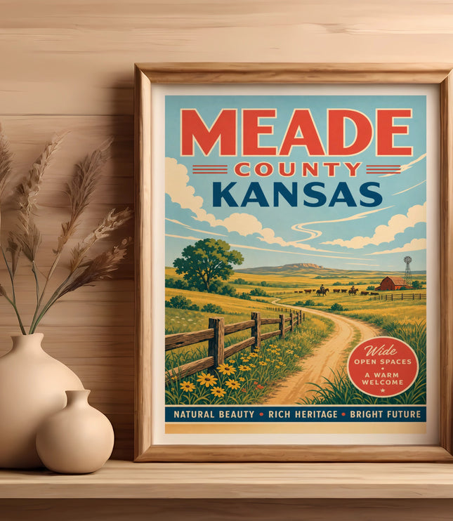 Meade County, Kansas vintage travel poster with farm scene.