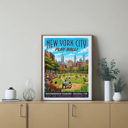 New York City Play Ball vintage poster with baseball scene and city skyline.