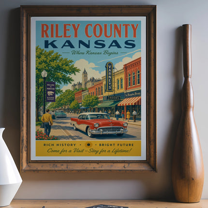Riley County, Kansas poster with vintage car and buildings.