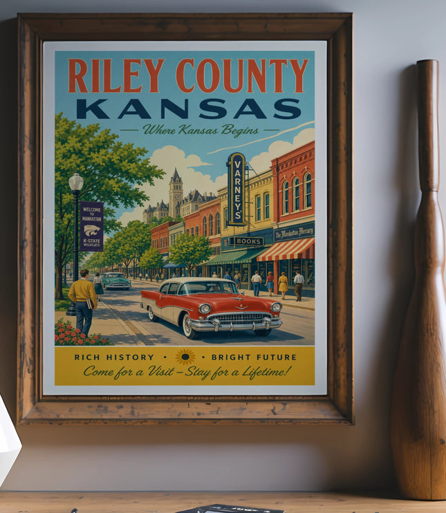 Riley County, Kansas poster with vintage car and buildings.