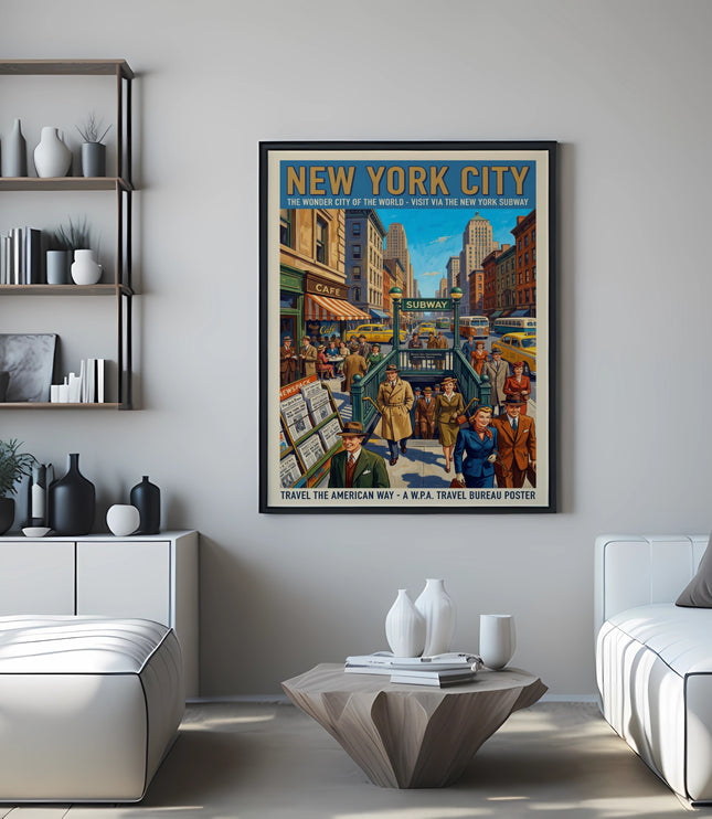 New York City travel poster depicting a busy street scene with a subway entrance.