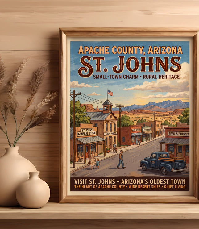 Vintage poster of St. Johns, Arizona, showing a small-town street scene with shops and mountains.