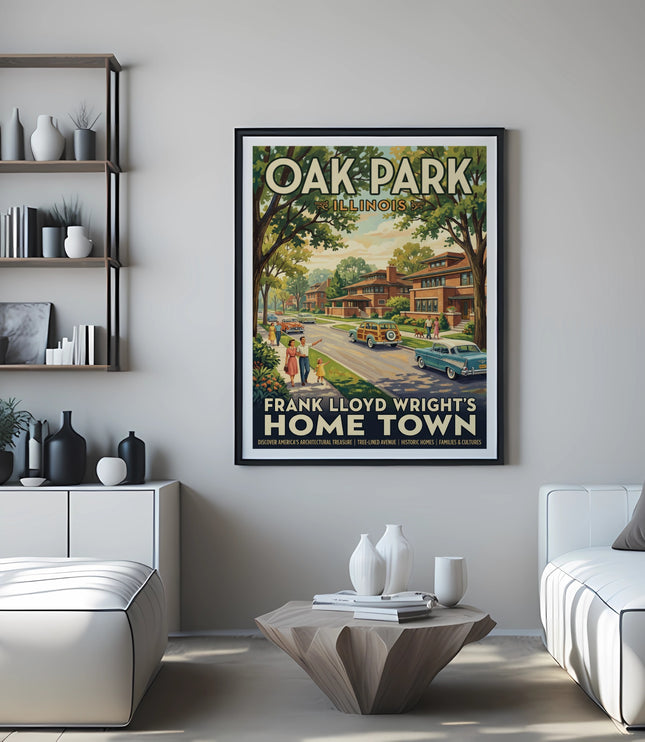 Oak Park Illinois Frank Lloyd Wright's Home Town poster with vintage cars and homes.