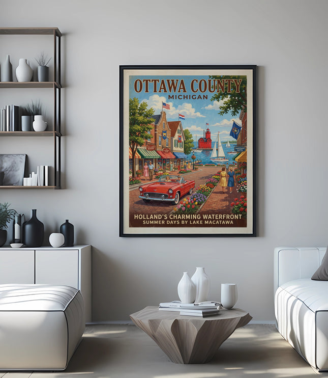 Ottawa County Michigan poster of Holland's waterfront with red car and lighthouse.