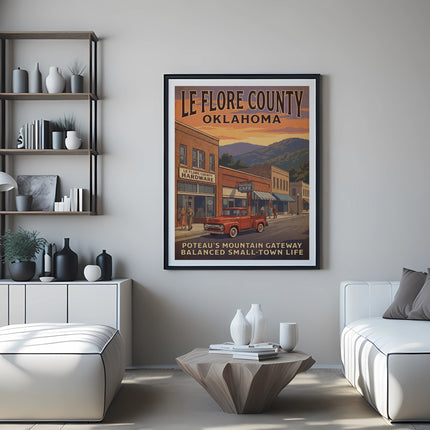 Le Flore County Oklahoma vintage travel poster with text.