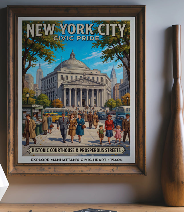 Retro New York City poster depicts courthouse, streets, and people, 1940s.