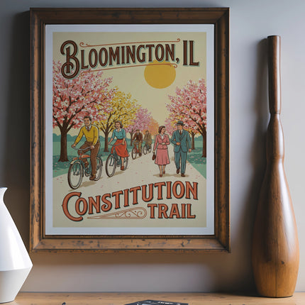 Bloomington, IL Constitution Trail vintage poster with people cycling.