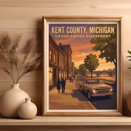 Vintage poster of Kent County, Michigan, Grand Rapids riverfront at sunset.