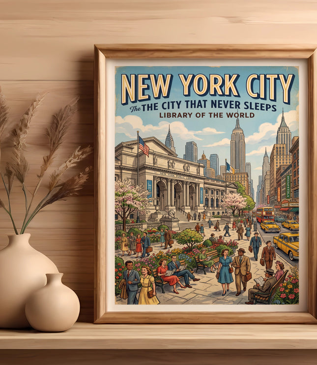 Framed New York City poster featuring the New York Public Library and skyline.