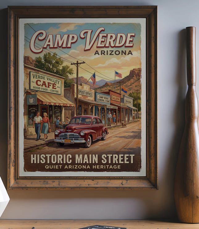 Camp Verde Arizona Historic Main Street poster with vintage car and buildings.