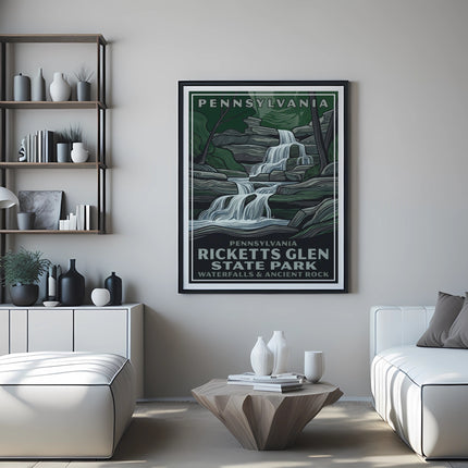 Pennsylvania Ricketts Glen State Park waterfalls and rock landscape poster.