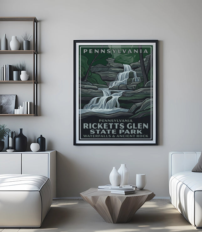 Pennsylvania Ricketts Glen State Park waterfalls and rock landscape poster.
