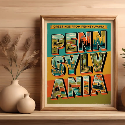 Pennsylvania Greetings postcard with vintage Pennsylvania landmarks.
