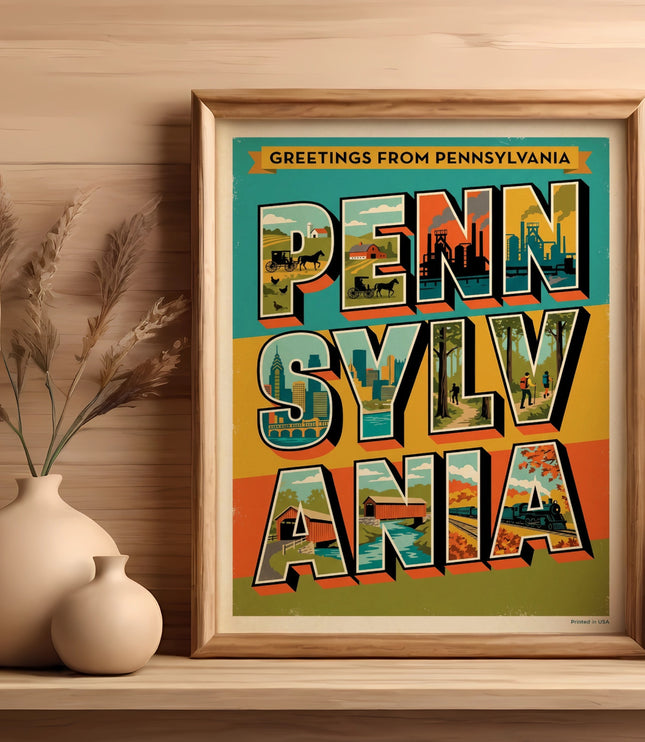 Pennsylvania Greetings postcard with vintage Pennsylvania landmarks.