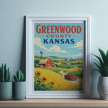 Greenwood County Kansas retro travel poster with farm and sunflowers.