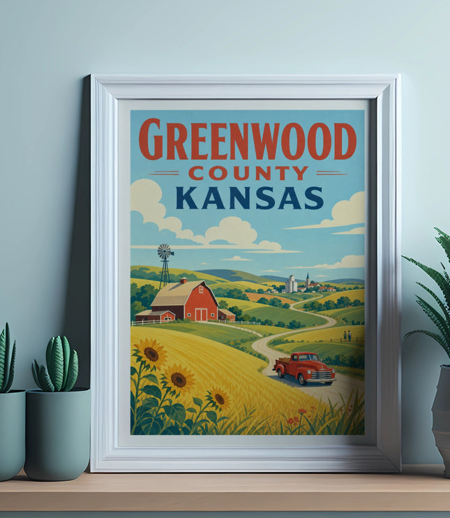 Greenwood County Kansas retro travel poster with farm and sunflowers.