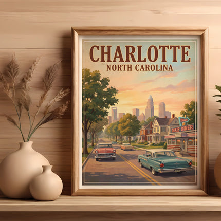 Charlotte North Carolina retro art with cars and Dixie Diner.