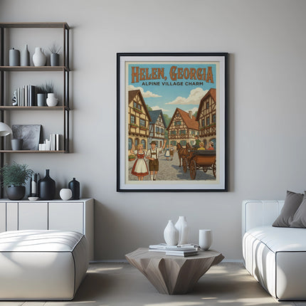 Poster for Helen, Georgia, advertising "Alpine Village Charm" with a horse-drawn carriage.