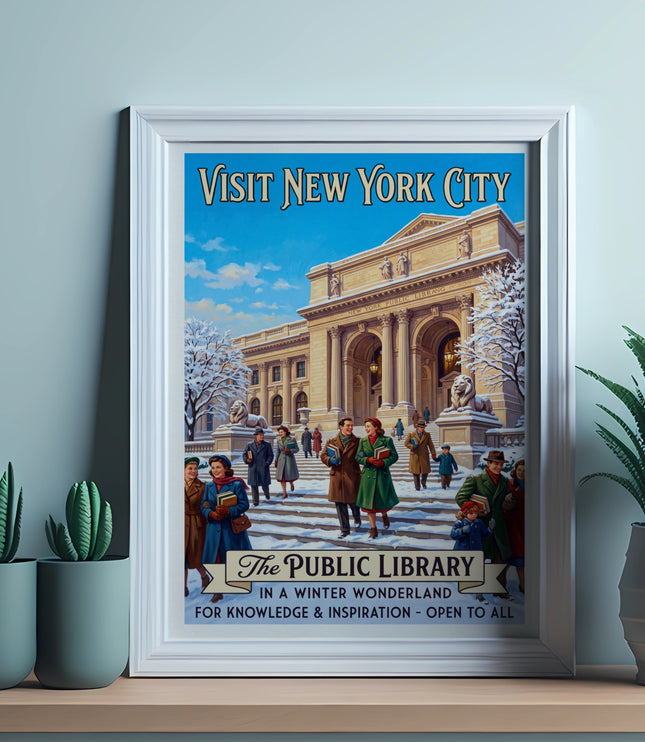 Vintage poster for New York Public Library in winter with people.