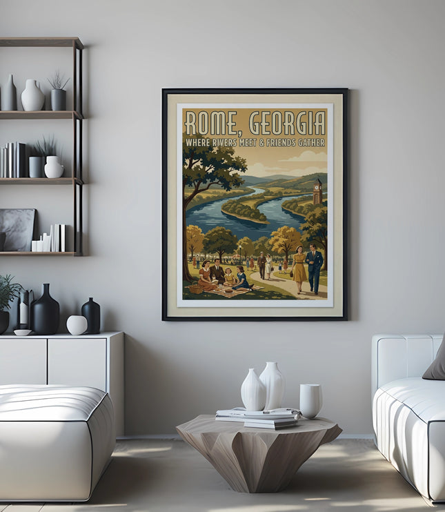 Vintage style poster for Rome, Georgia depicting rivers meeting and people gathering.