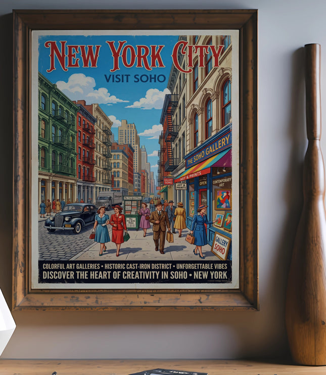 New York City SoHo vintage travel poster depicting street scene with people and buildings.