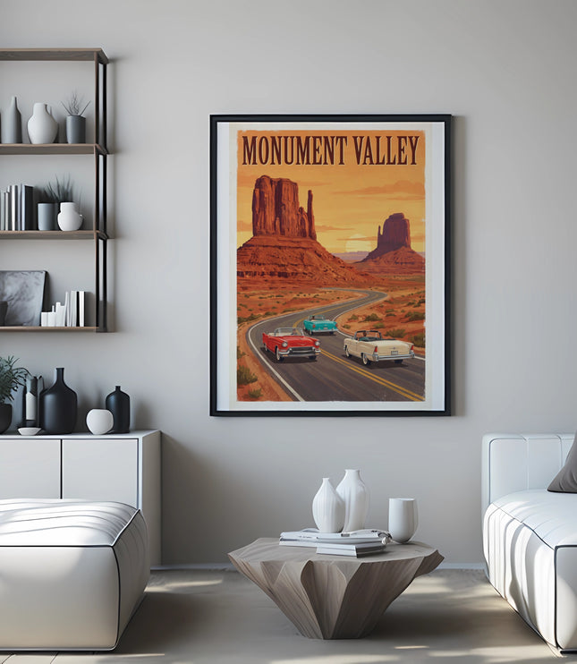 Monument Valley travel poster with classic cars on a road.
