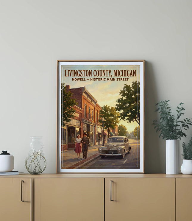 Vintage poster of Howell, Livingston County, Michigan historic main street with couple and car.