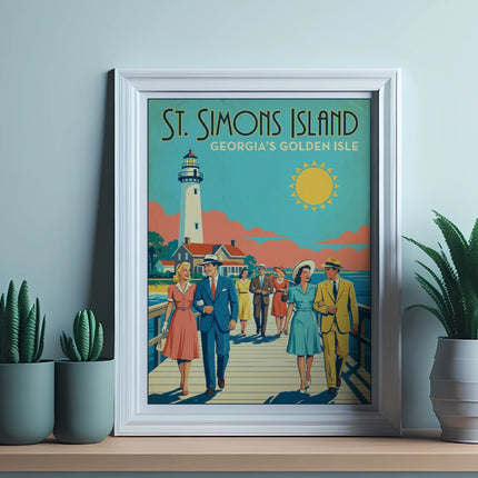 St. Simons Island, Georgia's Golden Isle framed poster with lighthouse and people.