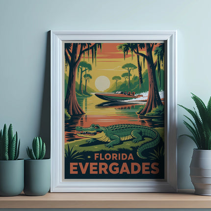 Alligator and boat in Florida Everglades painting with text.
