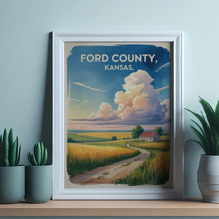 Ford County, Kansas vintage travel poster with rural landscape.