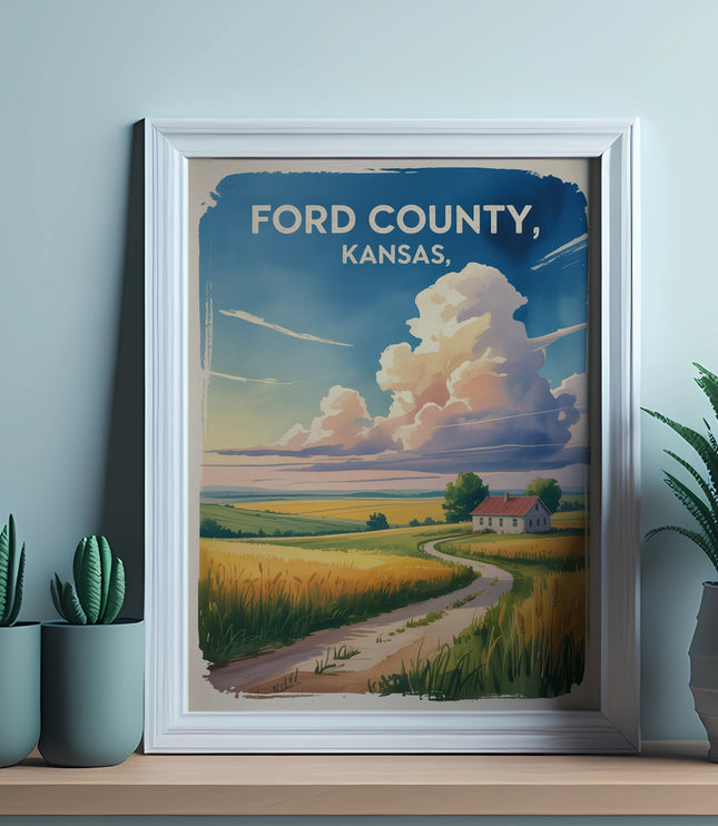 Ford County, Kansas vintage travel poster with rural landscape.