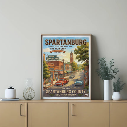 Vintage poster of Spartanburg, South Carolina, depicting a street scene with cars and buildings.
