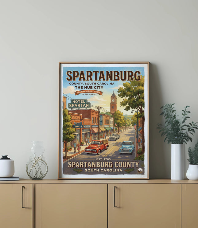 Vintage poster of Spartanburg, South Carolina, depicting a street scene with cars and buildings.