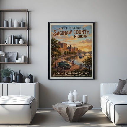 Vintage travel poster of Saginaw County, Michigan with riverfront district depiction.