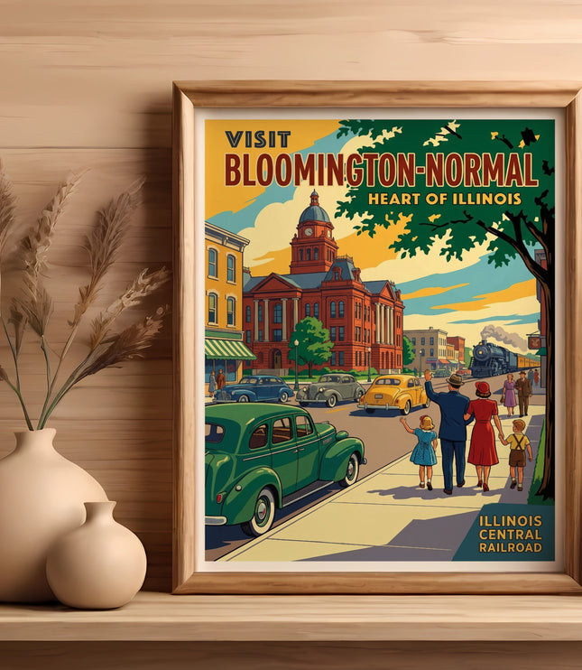 Vintage poster of Bloomington-Normal, Illinois with families, cars, and a train.